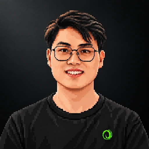 Pixel portrait of Jian-Dong Liu wearing a SinapisAI T-shirt against a softly lit charcoal background